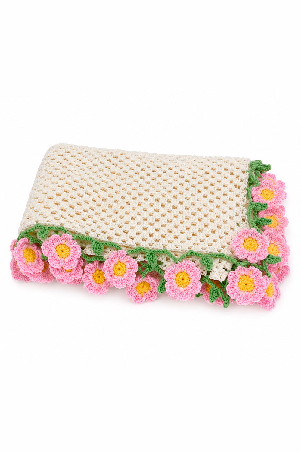 Toquilla de crochet Floral Throw para bebé en algodón con flores tejidas en tonos rosa y verde