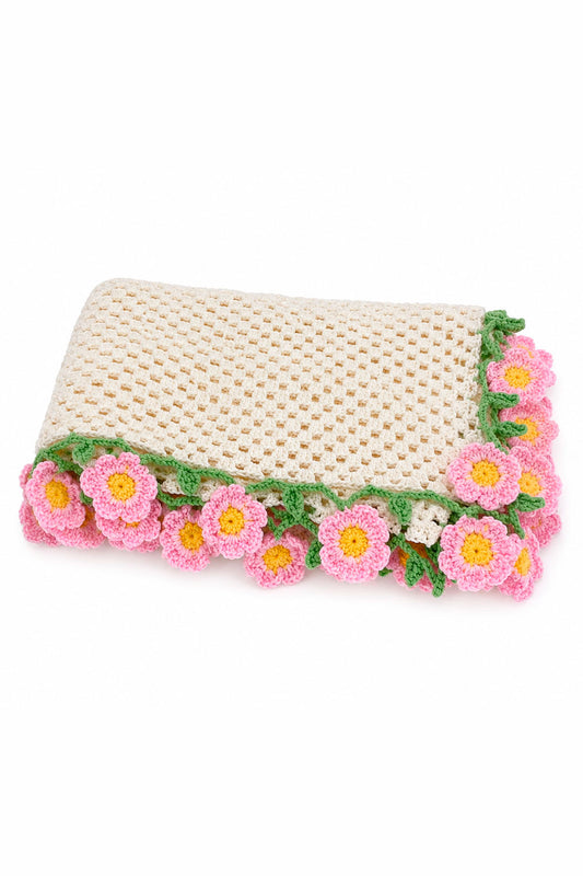 Toquilla de crochet Floral Throw para bebé en algodón con flores tejidas en tonos rosa y verde
